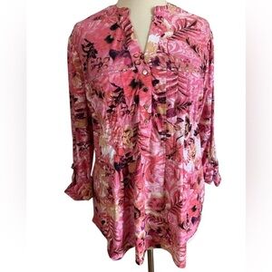 COCOMO 1X Pink Floral Plus Size 3/4 sleeve women’s Pintuck Blouse top sh…
